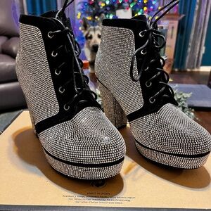 Forever 21 Glittering Silver and Black Lace-Up Heeled Boots